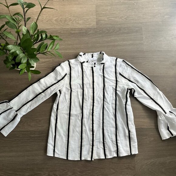 Calvin Klein White Smock-Neck Collarless Striped Blouse with Bell Sleeves - Picture 2 of 12